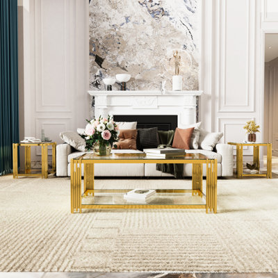 3 Piece Rectangle Glass Coffee Table Set, Modern Living Room Table Set with 1pc 47.5" Coffee Table & 2pcs 19.9" End Tables, Luxury Glass Coffee and En by Everly Quinn
