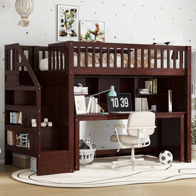 Full Solid Wood Loft Bed With Movable Desk And Shelves by George Oliver