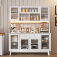 71" Kitchen Pantry Cabinet With Hutch, Freestanding Buffet With Fluted Glass Doors, LED Light by Ophelia & Co.