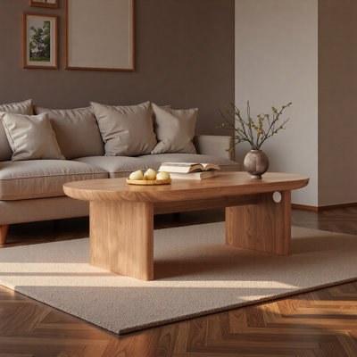 47"modern Oval Coffee Table, Low Profile Wood Coffee Table With Thick Pedestal Base, Mdf With Wood Veneer, Rounded Edge Design, Easy Assembly Center T by George Oliver