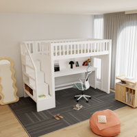 White Wood Twin Size Loft Bed With Movable Desk by Latitude Run