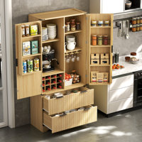 71" Tall Kitchen Pantry Cabinet, Fluted Storage Cabinet With 2 Drawers & 7 Door Shelves, Versatile Cupboard With Wine Rack & Glass Holder & Adjustable by Ebern Designs
