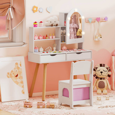 Kids Vanity Set with 3-Color Lighting Modes, Adjustable Brightness, Mirror Cabinet White by Rosdorf Park