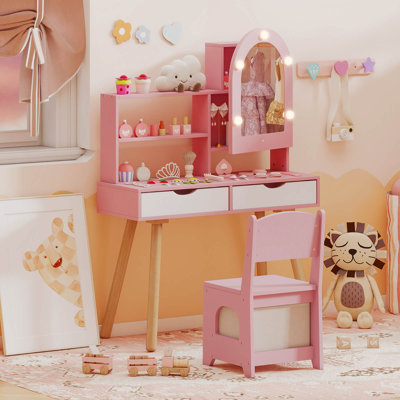 Kids Vanity Set with 3-Color Lighting Modes, Adjustable Brightness, Mirror Cabinet White by Rosdorf Park