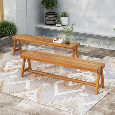 Outdoor Dining Benches (Set Of 2), Contemporary Acacia Wood Patio Bench With Teak Finish - All-Weather Garden, Deck, Poolside Seating by Latitude Run
