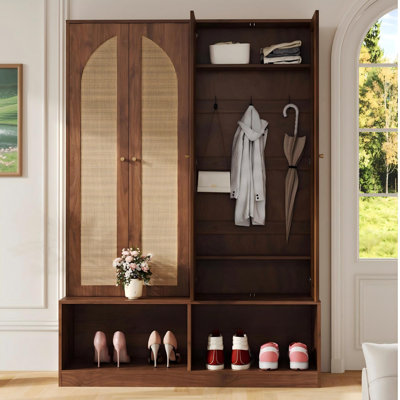 Farmhouse Mid-century 4-in-1 Hall Tree - 4 Rattan Doors, 6 Hooks, Adjustable Shelf Entryway Shoe Cabinet Bench, 55.1"w by Red Barrel Studio