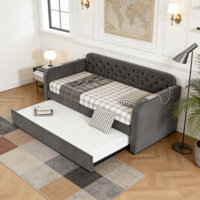 Twin Size Upholstered Daybed with Trundle and USB Charging Design