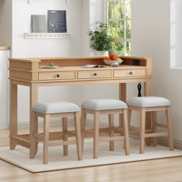 Kitchen Counter Height Bar Table Set, 3 Drawers, Pub Dining Furniture with Power Ports, Natural by Lark Manor