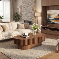 43.1 Inch Oval Coffee Table with Fluted Pedestal in Walnut, Mid Century Modern Accent Table by Latitude Run
