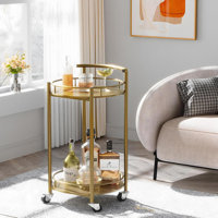 Gold 2-Tier Round Bar Cart With Handle, Rolling Serving Cart With Metal Wine Rack & Casters For Home Kitchen Living Room Christmas New Year by George Oliver