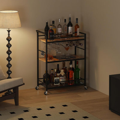 3 Tier Rustic Brown Bar Cart With Wheels, Small Rolling Beverage Cart With Glass Holders & Wine Rack For Home Kitchen Dining Living Room by Trent Austin Design