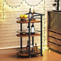 3-Tier Bar Cart With Fence & Wheels, Rustic Brown And Black Home Bar Serving Cart For Dining Room Living Room Garden Party by Trent Austin Design