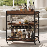 3 Tier Rustic Oak Bar Cart For Home, Rolling Beverage Cart With Wine Rack & Glass Holder, Home Bar Serving Cart On Wheels by Trent Austin Design