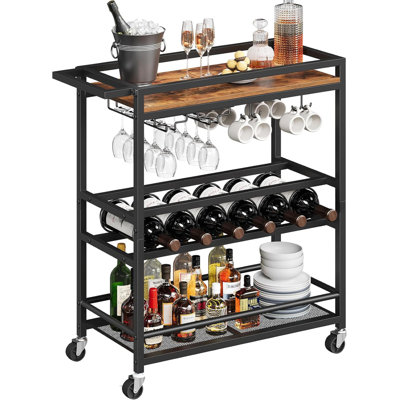 3-Tier Rustic Brown And Black Bar Cart For Home, Rolling Wine Cart With Wine Rack & Glass Holders, Serving Beverage Cart For Living Dining Room by 17 Stories