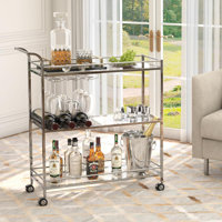 Silver 3-Tier Bar Cart For Home, Modern Serving Cart With Wine Rack & Glass Holder, Mobile Kitchen Shelf For Dining Living Room by 17 Stories