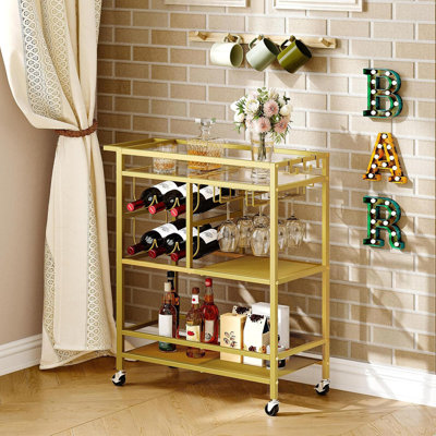 3-Tier Gold Bar Cart With Wheels & Handle, Beverage Cart With Wine Rack & Glass Holders For Home Kitchen Dining Room