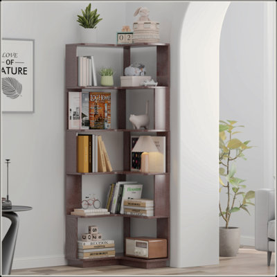 6 Tier Freestanding L-Shaped Corner Bookshelf For Living Room, Bedroom, Wooden Bookcase With Anti-Drop Panle And Anti Tipping Device, Display Shelf Op by Ebern Designs