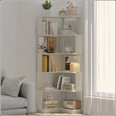 6 Tier Freestanding L-Shaped Corner Bookshelf For Living Room, Bedroom, Wooden Bookcase With Anti-Drop Panle And Anti Tipping Device, Display Shelf Op