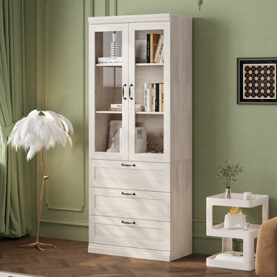 2-Door 3-Drawer Natural Display Cabinet With Tempered Glass Doors by Ebern Designs