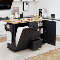 Rolling Kitchen Island With Drop Leaf, Trash Can Cabinet, Drawers And Storage, Black by Ebern Designs