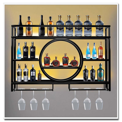3-Tier Metal Wall Mounted Wine Rack - With LED Light & Glass Holder (Black, 120×80×15) For Home Bar Dining Room by Wrought Studio