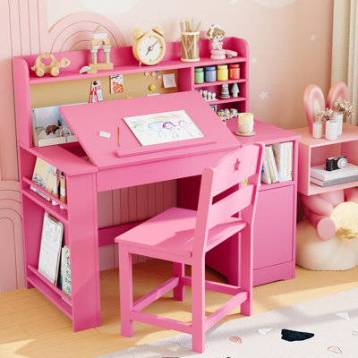 Modern Wooden Desk and Chair Set with Tilting Desktop, Hutch and Storage Cabinet, Multi-Functional Study Table for Home