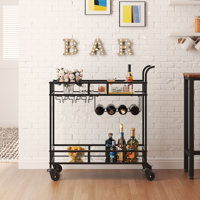 2 Tier Rolling Wine Bar Cart for Home, Small Alcohol Liquor Cart with Mirrored Shelves, Wine Racks & Glass Holder, Compact for Dining Room Living Room by Latitude Run