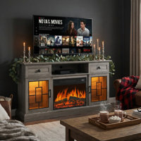 60" Entertainment Center With Heater & Remote, TV Stand With 2 Drawers, Patterned Glass Cabinets & LED Ambiance