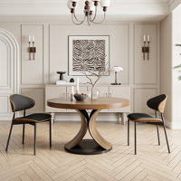 2-8 Seats Solid Wood Round Dining Table Walnut Tone Kitchen Room Set by Orren Ellis