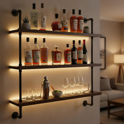 Modern Wall-Mounted Wine Rack With LED Lights, 3-Tier Liquor Bottle Display Bar Shelves, Industrial Wine Rack Floating Shelf, Multifunctional Wine Sto by Everly Quinn