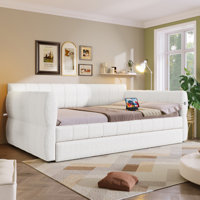 Queen Size Upholstered Platform Bed with USB Ports & Trundle – White Storage Guest Bed for Modern Bedrooms by Latitude Run