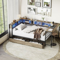 Full Size Corner Bed with Bookcase, 2 Storage Drawers, LED Light & Charging Station – Reversible Grey Daybed by Latitude Run