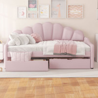 Full Size Upholstered Daybed with Shell Backrest & 2 Drawers – Pink Storage Sofa Bed for Guests by Mercer41