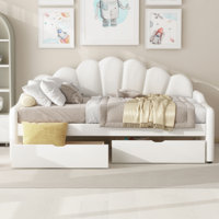 Full Size Upholstered Daybed with Shell Backrest & 2 Drawers – Pink Storage Sofa Bed for Guests by Mercer41