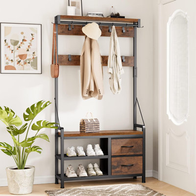 31.5-Inch White Entryway Bench With Coat Rack, Can Be Placed Independently; 5-In-1 Smart Design Shoe Bench And Wall-Mounted Rack With 17 Hooks And Dra by Latitude Run