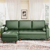 89" Leather Sofa with Convertible Chaise, Mid Century Modern L-Shape Couch with Deep Seat, Sectional Leather Couch for Living Room, Lounge by George Oliver