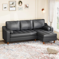 89" Leather Sofa with Convertible Chaise, Mid Century Modern L-Shape Couch with Deep Seat, Sectional Leather Couch for Living Room, Lounge by George Oliver