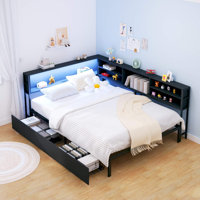 Full Corner Daybed With Storage Bookcase, Drawers, LED Lights & Charging Station For Kids Bedroom by Red Barrel Studio