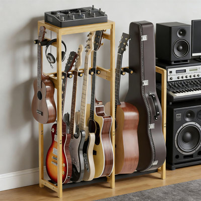 Adjustable Bamboo Guitar Stand For Multiple Guitars, Floor Rack For Home Music Studio by 17 Stories