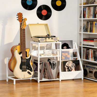 White Record Player Table With Adjustable Guitar Stand And Vinyl Storage For 150 Albums by 17 Stories