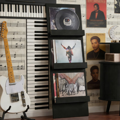 Wall Mount 3-Tier Vinyl Record Holder, 47.5" Tall, For Albums And Magazines, Black by 17 Stories