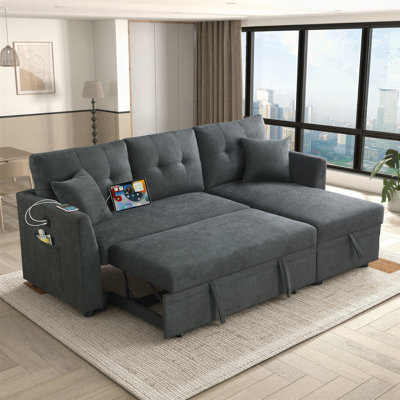 82" Velvet Sleeper Sectional Sofa with Storage Chaise, Convertible Sleeper Sofa Bed, Pull Out Couch with USB Port, Side Pockets by Latitude Run