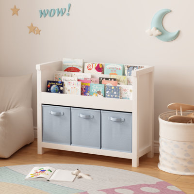 Kids Bookshelf with 3 Tier Front-Facing Storage and 3 Fabric Bins, Wooden Toddler Bookcase for Playroom, Nursery, Bedroom – Kids Book Organizer Shelf by Latitude Run