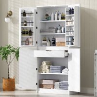 Farmhouse Kitchen Pantry Cabinet with 8 Door Shelves, Curved Design Storage Cabinet with 3 Adjustable Shelves, Hidden Drawer, Versatile Cupboard for K by August Grove