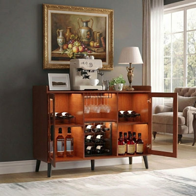 47 In Wine Bar Cabinet with Led Lights & Glass Doors, Wood Coffee Bar Station with Wine Racks & Glass Holder, Modern Liquor Cabinet for Home Living Ro by Ivy Bronx