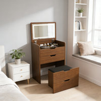 3-in-1 Vanity Desk with Lighted Mirror & Stool, Flip Top Makeup Dressing Table, Compact Storage by George Oliver