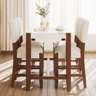 5-Piece Counter Height Dining Table Set for 4, Faux Marble Bar Table and 4 Upholstered-Seat Chairs, Mid-century Modern Dining Set for Dining Room, Pub by Red Barrel Studio
