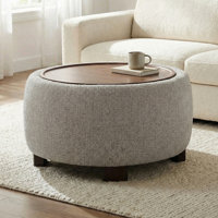 Upholstered Round Storage Ottoman with Wooden Tray