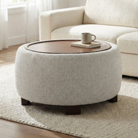 Upholstered Round Storage Ottoman with Wooden Tray by Mercer41