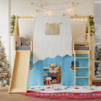 Kids Twin Solid Wood House Loft Bed with Lights and Tents by Ebern Designs